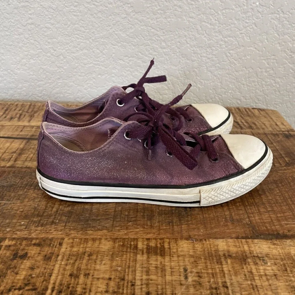 Converse All Star girls Junior Size 3 Low Top Purple Glitter Shoes Double Tongue